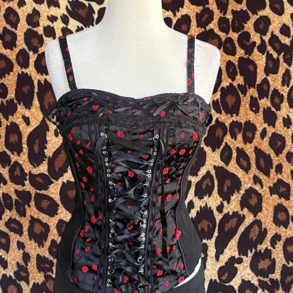 Tripp NYC Black Corset Crop Top with Red Accents